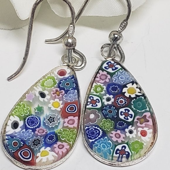 Italian Murano Glass Millefiori Dangle Earrings in 925 Silver - Picture 3 of 3